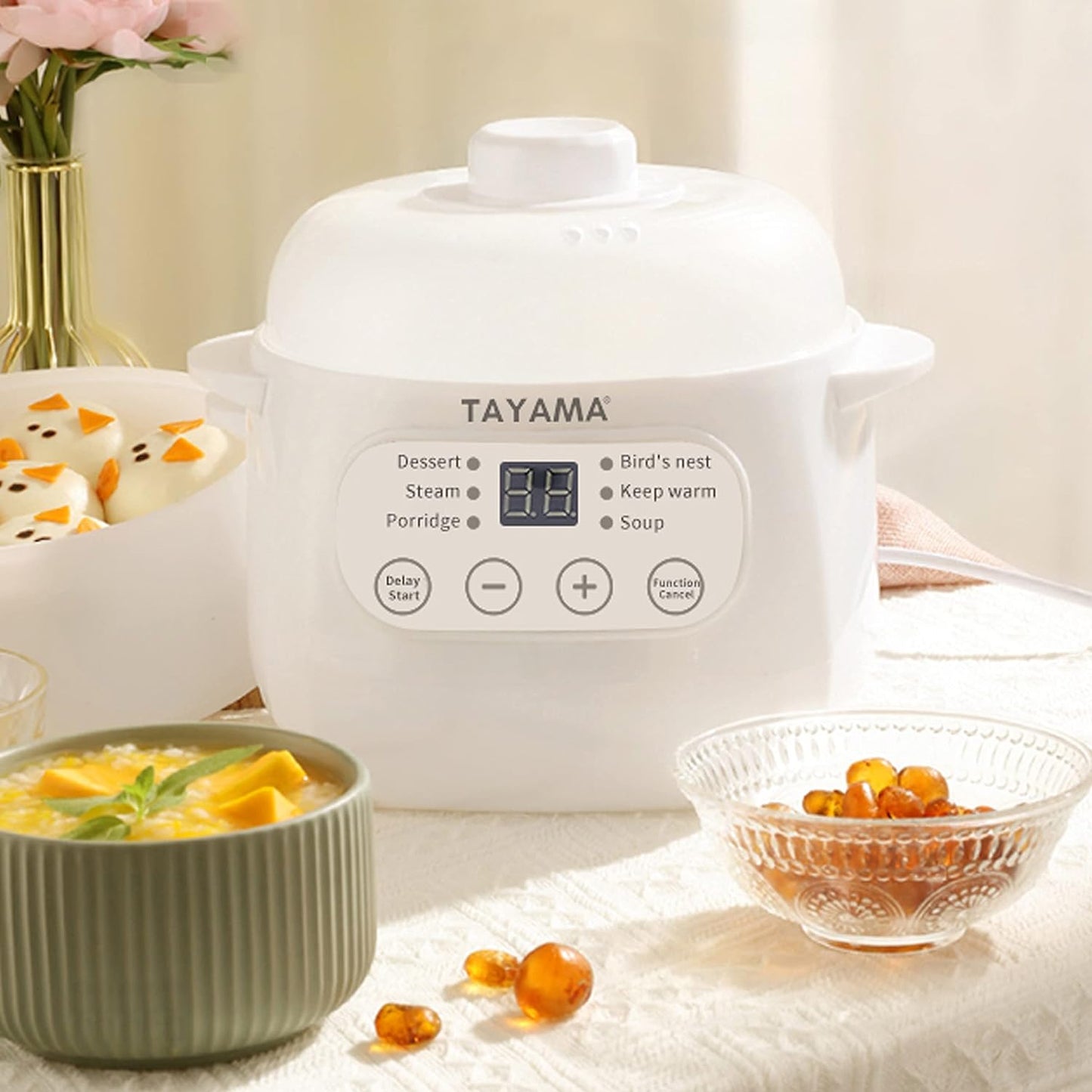 White Mini Ceramic Stew Cooker with Pre-Settings and Built-In Timer, Small