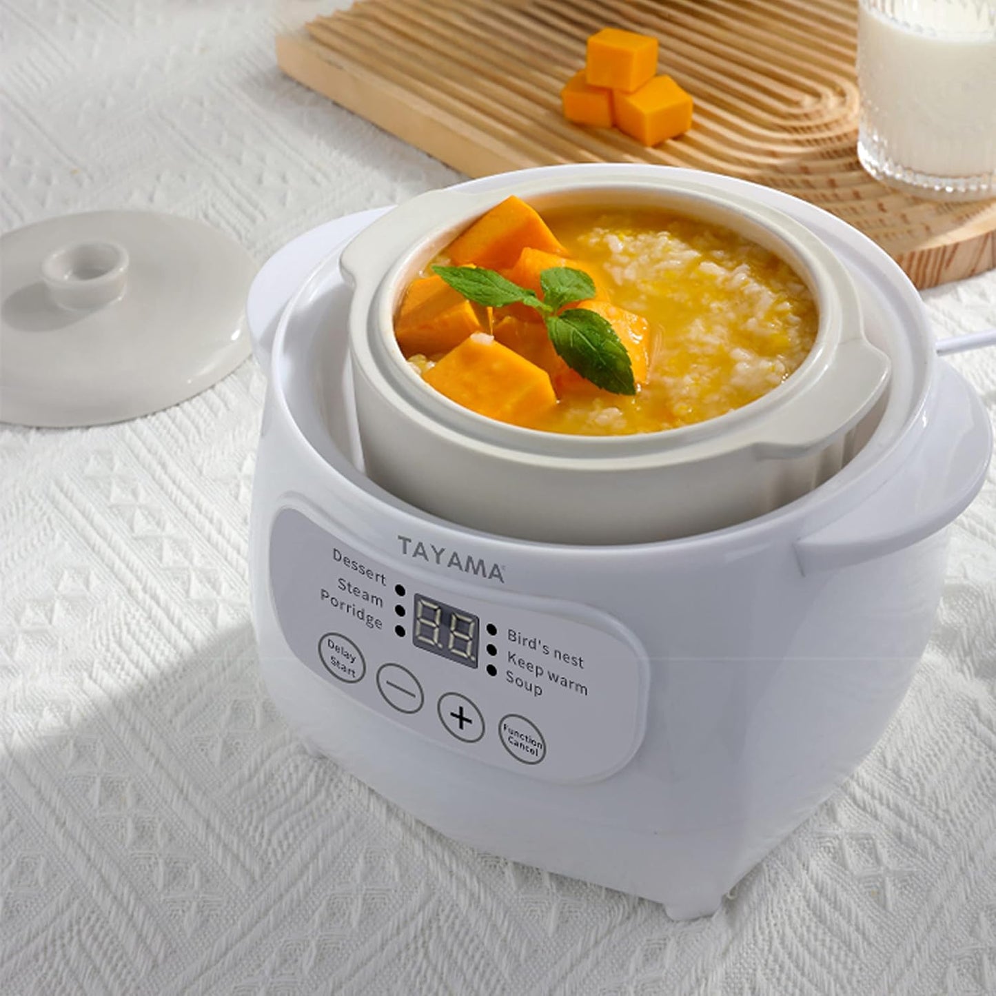 White Mini Ceramic Stew Cooker with Pre-Settings and Built-In Timer, Small